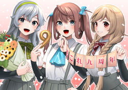  3girls akagi_kurage anniversary arm_warmers asagumo_(kancolle) blush bouquet braid brown_eyes brown_hair collared_shirt flower green_flower green_rose grey_eyes grey_hair grey_skirt hair_between_eyes highres holding holding_bouquet kantai_collection light_brown_hair long_hair minegumo_(kancolle) multiple_girls open_mouth orange_flower pleated_skirt red_eyes rose shirt short_sleeves skirt smile suspenders twin_braids twintails upper_body white_flower white_shirt yamagumo_(kancolle) yellow_flower 