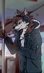  2022 5_fingers angiewolf anthro canid canine canis cellphone clothing electronics fingers fur headphones hi_res jacket male mammal multicolored_body multicolored_fur phone pole public_transportation smartphone smile solo topwear two_tone_body two_tone_fur wolf 