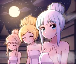  3girls alternate_hairstyle blonde_hair blue_eyes blush breasts brown_hair closed_eyes cloud emily_stewart full_moon hanasakuya_(idolmaster) highres idolmaster idolmaster_million_live! idolmaster_million_live!_theater_days long_hair medium_breasts moon moonlight multiple_girls naked_towel night night_sky shiraishi_tsumugi sky smile star_(sky) starry_sky sweatdrop takiki tenkubashi_tomoka tied_hair towel white_hair 