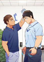  04sora40 2boys bara black_hair brown_hair ceiling coffee commentary denim dress_shirt facial_hair goatee hair_slicked_back headpat jeans lanyard looking_at_another male_focus multiple_boys muscular muscular_male original pants plant polo_shirt potted_plant salaryman shirt tile_ceiling tiles translated watch wristwatch yaoi 