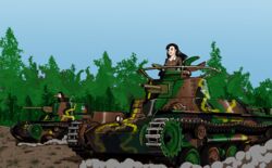  2girls black_eyes black_hair breasts caterpillar_tracks chi-hatan_(emblem) chi-hatan_military_uniform cloud commentary_request daijobuda day dust_cloud emblem forest girls_und_panzer grass long_hair military military_vehicle motor_vehicle multiple_girls nature nishi_kinuyo outdoors sky smile tamada_tamaki tank type_97_chi-ha 