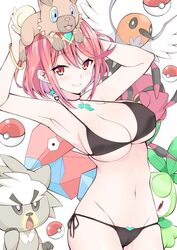  armpits arms_up bare_shoulders bikini black_bikini blush breasts cameltoe closed_mouth collarbone cowboy_shot crossover daive earrings female fletchling groin hair_between_eyes jewelry kubfu large_breasts looking_at_viewer navel on_head petilil poke_ball poke_ball_(basic) pokemon pokemon_(creature) pokemon_on_head porygon pyra_(xenoblade) red_eyes red_hair rockruff short_hair side-tie_bikini_bottom skindentation smile swimsuit tiara underboob venipede xenoblade_chronicles_(series) xenoblade_chronicles_2 