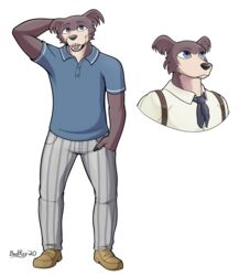  absurd_res anthro badroy beastars black_nose blue_clothing blue_eyes blue_polo_shirt blue_shirt blue_topwear bottomwear canid canine canis clothed clothing dress_shirt ftm_crossgender fur grey_body grey_fur hand_behind_head hand_in_pocket hi_res juno_(beastars) looking_at_viewer male mammal multicolored_body multicolored_fur necktie pants pattern_bottomwear pattern_clothing pattern_pants pockets polo_shirt rule_63 school_uniform shirt simple_background solo standing striped_bottomwear striped_clothing striped_pants stripes suspenders tan_body tan_fur topwear two_tone_body two_tone_fur uniform white_background wolf 