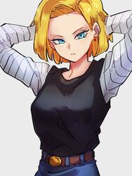  android_18 arms_behind_head belt black_shirt blonde_hair blue_eyes blue_pants breasts brown_belt closed_mouth commentary_request denim dragon_ball dragon_ball_z earrings female jeans jewelry kemachiku looking_at_viewer medium_breasts pants shirt solo striped_sleeves white_sleeves 