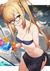  :d alternate_hairstyle amagasa_yun arm_behind_back bandeau bare_arms bare_shoulders bikini black_bikini blonde_hair blue_eyes blue_hawaii blurry breasts brown-framed_eyewear cleavage collarbone cowboy_shot cup depth_of_field drinking_glass fate/grand_order fate_(series) female flower glasses highres holding hurricane_glass long_hair looking_at_viewer lord_el-melloi_ii_case_files medium_breasts navel open_mouth orange_scrunchie orchid purple_flower reines_el-melloi_archisorte sarong scrunchie sidelocks smile smug solo standing stomach strapless strapless_bikini swimsuit tropical_drink twintails very_long_hair 