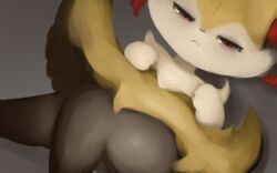  3_fingers :&lt; anthro black_body black_eyes black_fur black_lips blush braixen canid canine cute_fangs eyelashes female female_anthro fingers fluffy fur generation_6_pokemon hasukii kemono lips looking_at_viewer lying mammal multicolored_body multicolored_fur nails narrowed_eyes nintendo pokemon pokemon_(species) pupils red_body red_eyes red_fur red_nose red_tongue solo tongue white_body white_fur yellow_body yellow_ears yellow_fur 