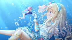  2girls absurdres air_bubble alternate_costume blonde_hair blush bubble civia commentary_request denfunsan dress drill_hair gloves highres hololive hololive_china long_hair looking_at_another minato_aqua multiple_girls open_mouth painttool_sai_(medium) photoshop_(medium) purple_hair swimsuit twin_drills underwater underwear virtual_youtuber 