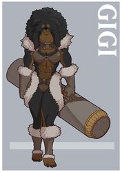  5_fingers 5_toes abs anthro armor armwear barefoot battering_ram bikini_armor biped black_body black_fur black_hair border bottomwear breasts brown_body brown_fur canid canine canis claws cleavage clothed clothing digital_media_(artwork) dog_knight_rpg domestic_dog english_text feet female fingers fluffy fluffy_hair footwear fur fur_trim gigi_(ishton) gloves hair handwear hi_res holding_object holding_weapon ishton_(artist) legwear livestock_guardian_dog long_hair mammal melee_weapon molosser mountain_dog muscular muscular_anthro nails navel pastoral_dog simple_background skimpy smile solo text tibetan_mountain_dog toe_claws toes topwear unconvincing_armor weapon white_border 