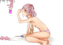  animal barefoot blush breasts commentary_request convenient_censoring female food_print hair_bobbles hair_ornament kantai_collection panties paper pet pink_eyes pink_hair pink_panties print_panties rabbit rizzl sazanami_(kancolle) scissors severed_hair short_hair simple_background small_breasts solo strawberry_panties strawberry_print topless twintails underwear underwear_only white_background 