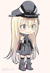  ahenn bare_shoulders bismarck_(kancolle) blonde_hair blue_eyes chibi commentary detached_sleeves female full_body gloves grey_thighhighs hair_between_eyes hat kantai_collection long_hair long_sleeves military military_hat military_uniform peaked_cap pink_background simple_background smile solo thighhighs twitter_username uniform white_gloves 