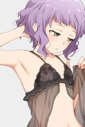  armpits babydoll bad_id bad_twitter_id bare_shoulders black_bra blush bra commentary female grey_background highres hiroki_(yyqw7151) idolmaster idolmaster_million_live! looking_away makabe_mizuki open_mouth purple_hair see-through short_hair sidelocks simple_background solo underwear upper_body wavy_hair yellow_eyes 