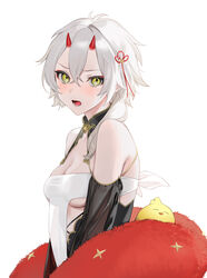  absurdres azur_lane bare_shoulders breasts commentary_request detached_collar detached_sleeves female hair_between_eyes hair_ornament highres horns kinu_(azur_lane) looking_at_viewer medium_breasts ohisashiburi oni_horns open_mouth red_horns see-through see-through_silhouette see-through_sleeves short_hair simple_background white_background white_hair yellow_eyes 