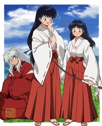  1boy 2girls alternate_hairstyle animal_ears black_hair bow_(weapon) brown_eyes chandllucky dog_ears family father_and_daughter hair_down han&#039;you_no_yashahime hand_on_own_face highres higurashi_kagome holding holding_bow_(weapon) holding_weapon husband_and_wife inuyasha inuyasha_(character) japanese_clothes kimono long_hair long_sleeves matching_outfits miko moroha mother_and_daughter multiple_girls sandals sidelocks very_long_hair waraji weapon white_hair wide_sleeves yellow_eyes zouri 