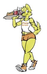  2020 anthro artbyyellowdog beverage black_nose blonde_hair bottomwear bulge canid canine canis cheek_tuft clothing digital_media_(artwork) domestic_dog english_text eyelashes facial_tuft femboy femboy_hooters food footwear fur hair holding_object holding_plate hooters_uniform looking_at_viewer male mammal midriff navel roger_(artbyyellowdog) shirt shoes shorts smile solo tank_top text text_on_clothing text_on_shirt text_on_tank_top text_on_topwear topwear tuft waiter walking yellow_body yellow_fur 