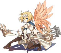  ark_order arrow_(projectile) blonde_hair blue_scarf boots bow_(weapon) brown_footwear crop_top detached_wings drawing_bow elbow_gloves feathered_wings female fighting_stance forehead_protector full_body gloves gold_trim hair_intakes holding holding_arrow holding_bow_(weapon) holding_weapon icarus_(ark_order) jewelry kzhu looking_at_viewer midriff official_art orange_wings quiver ring scarf shirt short_hair skirt solo squatting stomach tachi-e thigh_boots thighhighs transparent_background variant_set weapon white_gloves white_shirt white_skirt wings 