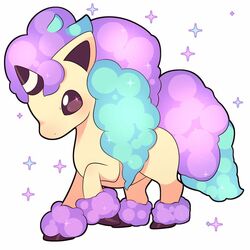  1:1 2019 ambiguous_gender black_eyes black_inner_ear blue_mane equid equine feral fluffy fur galarian_ponyta hair hooves horn mammal mane nintendo no_sclera pok&eacute;mon_(species) pokemon ponyta purple_hair purple_mane regional_form_(pok&eacute;mon) seviyummy simple_background solo tan_body tan_fur video_games white_background 