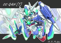  00_qan[t] blue_eyes character_name chibi colored_sclera commentary dated english_text funnels_(gundam) green_sclera gundam gundam_00 gundam_00_a_wakening_of_the_trailblazer looking_at_viewer mecha mobile_suit no_humans robot science_fiction sd_gundam shield shokkaa_(shmz61312) solo sword v-fin weapon 