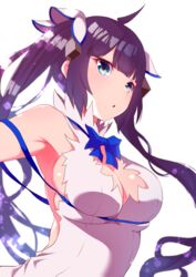  :o ahoge armpits black_hair blue_bow blue_bowtie blue_eyes blue_ribbon bow bowtie breasts cleavage dress dungeon_ni_deai_wo_motomeru_no_wa_machigatteiru_darou_ka female floating_hair hestia_(danmachi) highres large_breasts long_hair open_mouth rei_no_himo ribbon sleeveless sleeveless_dress solo twintails upper_body very_long_hair white_dress yasehattagi 