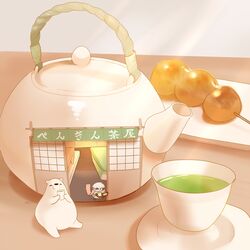  bear bird chai_(drawingchisanne) commentary_request cup dango food food_focus green_tea holding holding_cup holding_tray mitarashi_dango no_humans original penguin polar_bear scarf shirokuma-san_(drawingchisanne) signature skewer storefront tea teacup teapot tray undersized_animal wagashi woollen_cap 