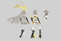  absurdres alternate_costume ass cable chinese_commentary commentary_request cropped_legs cropped_torso cyborg facing_away female fire from_behind from_side grey_background grey_hair headgear high_heels highres long_hair mechanical_arms mechanical_legs multiple_views nanami:_pulse_(punishing:_gray_raven) nanami_(punishing:_gray_raven) nine_(liuyuhao1992) profile punishing:_gray_raven recurring_image reference_sheet simple_background standing translucent_hair turnaround very_long_hair yellow_fire 