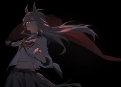  animal_ears black_background blush breasts cape clenched_hand cowboy_shot female floating_hair grey_hair grey_skirt groin hair_between_eyes hair_ornament highres holding holding_cape holding_clothes horse_ears horse_girl horse_tail jacket long_hair long_sleeves looking_at_viewer navel neckerchief oguri_cap_(umamusume) open_mouth outstretched_arm pipi_(pierce_cn) red_neckerchief sailor_collar shirt skirt small_breasts solo tail umamusume white_jacket white_shirt 