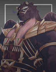  anthro armor biceps black_body black_fur eye_patch eyewear felid fur hair_tassels hi_res izm_rm7 jewelry lifewonders male mammal muscular muscular_anthro muscular_male pantherine pecs scar solo tezcatlipoca_(tas) tokyo_afterschool_summoners wings 