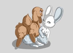  2022 ass big_ears breasts brown_body brown_fur brown_legs cel_shading chest_tuft closed_eyes colored digital_media_(artwork) dipstick_limbs duo featureless_breasts featureless_crotch female fluffy fluffy_tail fluffy_thighs fur grey_background grey_body grey_fur grey_markings kneeling lagomorph lagomorph_taur leporid leporid_taur looking_back mammal mammal_taur markings multicolored_body multicolored_fur nude on_top paws psychpsyo quadruped rabbit rabbit_taur scut_tail shaded short_tail simple_background tail taur thick_thighs tuft whiskers white_body white_fur white_markings 