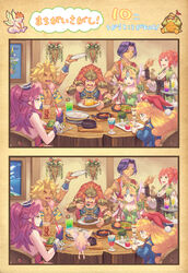  3boys 5girls :t absurdres anbe_yoshirou angela_(seiken_densetsu_3) armor blonde_hair blue_eyes candy chair charlotte_(seiken_densetsu_3) closed_eyes cup dark-skinned_male dark_skin drinking_glass drinking_straw duran_(seiken_densetsu_3) earrings eating faerie_(seiken_densetsu_3) fairy fangs flammie food fork frying_pan full_metal_hugger gloves green_eyes hat hawkeye_(seiken_densetsu_3) headband helmet highres holding indoors jacket jewelry kevin_(seiken_densetsu_3) letterboxed lil&#039;_cactus lisa_(seiken_densetsu_3) long_hair mispolm multiple_boys multiple_girls necklace one_eye_closed open_mouth orange_hair pink_hair plant plate ponytail potted_plant purple_eyes purple_hair rabite_(seiken_densetsu) riesz seiken_densetsu seiken_densetsu_3 spot_the_differences sweatdrop table tongue tongue_out translated tray vuscav 