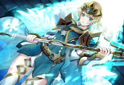  absurdres armor belt blonde_hair blue_dress blue_eyes blush clear_glass_(mildmild1311) commentary_request dress earrings feather_trim female fingernails fire_emblem fire_emblem_heroes fjorm_(fire_emblem) gauntlets gradient_hair hair_between_eyes highres holding holding_polearm holding_weapon jewelry long_sleeves looking_at_viewer magic multicolored_hair open_mouth polearm short_dress short_hair shoulder_armor smile snowflakes solo spear thighhighs tiara tongue two-tone_hair weapon white_thighhighs 