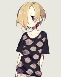  :| androgynous arms_at_sides black_shirt blonde_hair boo_(mario) brown_eyes cameo character_print closed_mouth collarbone ear_piercing expressionless eyes_visible_through_hair facing_viewer female ghost_print grey_background hair_over_one_eye higa423 highres idolmaster idolmaster_cinderella_girls jaggy_lines looking_away mario_(series) no_nose parted_bangs piercing print_shirt sanpaku shirasaka_koume shirt short_eyebrows short_hair short_sleeves simple_background solo standing t-shirt tareme upper_body 