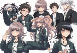  2boys 5girls ahoge black_bow black_bowtie black_hair blunt_bangs bow bowtie brown_hair bruise candy collarbone commentary cosplay criis-chan cropped_torso dalgona danganronpa:_trigger_happy_havoc danganronpa_(series) danganronpa_2:_goodbye_despair dress_shirt enoshima_junko flipped_hair food formal galaga green_jacket green_pants grey_eyes grey_hair hair_horns hair_ornament hand_up hinata_hajime holding holding_candy holding_food ikusaba_mukuro injury jacket komaeda_nagito looking_at_viewer medium_hair mioda_ibuki multicolored_hair multiple_boys multiple_girls nanami_chiaki open_clothes open_jacket open_mouth pants rope shirt short_hair simple_background smile squid_game sweat tsumiki_mikan twitter_username white_background white_hair white_shirt 