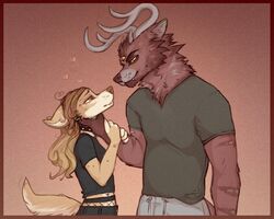  2022 anthro antlers border canid canine canis clothed clothing cotton_(yshanii) demon digital_media_(artwork) domestic_dog duo eye_contact female fully_clothed fur hair heart_symbol hi_res horn hybrid looking_at_another male mammal shirt simple_background t-shirt tan_body tan_fur topwear wolf yshanii 