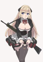  apron battle_rifle beige_background black_dress black_thighhighs blonde_hair bow bowtie breasts cleavage commission corset cross cross_necklace dress female frilled_apron frills g3_(battlefield_baker)_(girls&#039;_frontline) g3_(girls&#039;_frontline) girls&#039;_frontline gun h&amp;k_g3 holster jewelry juliet_sleeves large_breasts long_hair long_sleeves looking_at_viewer maid necklace official_alternate_costume open_mouth pixiv_commission puffy_sleeves purple_eyes red_bow red_bowtie rifle simple_background solo standing tab_(tabkun) thigh_holster thighhighs waist_apron weapon white_apron 