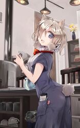  :d alpaca_ears alpaca_suri_(kemono_friends) alpaca_tail alternate_costume animal_ear_fluff animal_ears ass blue_eyes bow bowtie chair commentary_request counter cup female from_side grey_hair hair_over_one_eye highres horizontal_pupils indoors kemono_friends looking_at_viewer looking_to_the_side nanana_(nanana_iz) open_mouth pen plant pocket potted_plant red_bow red_bowtie short_hair short_sleeves smile solo tail tail_through_clothes trash_can 