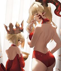  2girls absurdres alternate_costume ass bare_back blonde_hair bracelet braid braided_bun breasts crown dress dual_persona fate/grand_order fate_(series) gold_crown hair_bun highres holy_grail_(fate) horns jewelry large_breasts looking_at_viewer looking_back multiple_girls nero_claudius_(fate) phaethonvt pointed_crown pointy_ears queen_draco_(fate) queen_draco_(first_ascension)_(fate) queen_draco_(third_ascension)_(fate) red_dress red_eyes red_nails smile 