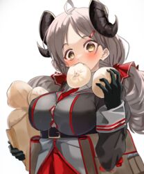  bag baozi belt blue_archive blush breasts brown_eyes commentary_request female food grey_hair hair_ornament hairclip highres hitachi_sou holding holding_food izumi_(blue_archive) large_breasts long_hair long_sleeves looking_at_viewer mouth_hold necktie pouch red_necktie simple_background upper_body white_background 