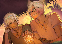  2boys alcohol black_gloves collarbone commentary_request commission drink dutch_angle elezen elf final_fantasy final_fantasy_xiv fingerless_gloves glasses gloves gradient_hair green_eyes green_shirt grin hide_(hideout) holding holding_drink jewelry lens_flare male_focus miqo&#039;te multicolored_hair multiple_boys muscular muscular_male necklace original outdoors palm_tree parted_lips pectorals pink_hair pointy_ears semi-rimless_eyewear shirt short_hair short_sleeves skeb_commission smile sunset tree under-rim_eyewear upper_body warrior_of_light_(ff14) whiskey white_gloves white_hair 