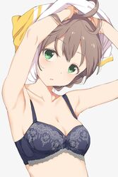  ahoge armpits arms_up bad_id bad_twitter_id bare_shoulders blue_bra blush bra braid breasts brown_hair commentary female green_eyes grey_background highres hiroki_(yyqw7151) idolmaster idolmaster_million_live! idolmaster_million_live!_theater_days looking_at_viewer medium_breasts midriff open_mouth sakuramori_kaori shirt short_hair simple_background solo t-shirt tied_hair underwear undressing upper_body 