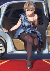  ahoge arm_support belt black_belt black_footwear black_gloves black_pantyhose black_skirt blouse blue_flower blue_nails braid breasts brown_hair car cleavage closed_mouth commentary female floral_print flower foot_up gloves green_eyes hair_flower hair_ornament half-closed_eyes high_heels highres holding idolmaster idolmaster_million_live! idolmaster_million_live!_theater_days jewelry kamille_(vcx68) lace lace_gloves light_blush medium_breasts miniskirt motor_vehicle nail_polish necklace pantyhose pearl_necklace pencil_skirt red_carpet sakuramori_kaori shirt short_hair single_glove single_strap sitting skirt sleeveless sleeveless_shirt smile solo tied_hair wallet women&#039;s_wallet wristband 