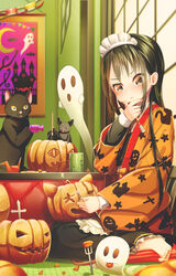  aiuabo animal barefoot bat_(animal) black_eyes black_hair chisel feline female fork ghost halloween hand_on_own_chin hanten_(clothes) highres indoors jack-o&#039;-lantern kotatsu long_hair maid maid_headdress nail_polish original pumpkin sitting table toenail_polish toenails wariza 