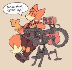  anthro belt boots canid canine clothing cute_fangs dialogue engineer_(team_fortress_2) finger_gun footwear fox gatling_gun gesture gloves gun hand_gesture handwear knee_pads machine_gun male mammal minigun missile_pod one_eye_closed ranged_weapon rocket_launcher sentry_gun_(team_fortress_2) shirt simple_background smile smiling_at_viewer solo squishy_(artist) team_fortress_2 third-party_edit tobi_(squishy) topwear valve weapon 