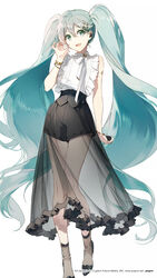  alternate_costume aqua_eyes aqua_hair arm_at_side artist_name bare_arms black_footwear black_shorts black_skirt black_socks bracelet commentary contrapposto crypton_future_media dot_nose earbuds earphones eyelashes facing_viewer fashion female flat_chest foot_out_of_frame frilled_skirt frills hair_between_eyes hair_ornament hairclip hand_on_own_head hand_up hatsune_miku head_tilt high-waist_shorts highres holding jewelry knees_together_feet_apart long_hair long_skirt official_art open_mouth piapro product_placement rella ribbon see-through see-through_skirt see-through_skirt_layer see-through_socks shirt shirt_tucked_in shoes shorts shorts_under_skirt shoulder_tattoo sideways_glance simple_background skirt sleeveless sleeveless_shirt smile socks solo tachi-e tareme tattoo twintails very_long_hair vocaloid wavy_hair web_address white_background white_ribbon white_shirt wireless_earphones x_hair_ornament 