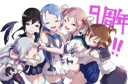  5girls anniversary black_hair black_neckerchief black_pantyhose black_sailor_collar black_thighhighs blue_eyes blue_hair blue_sailor_collar blue_skirt blunt_bangs brown_eyes brown_hair dress elbow_gloves floating_headgear folded_ponytail fubuki_(kancolle) gloves grey_eyes hair_bobbles hair_ornament hair_ribbon headgear hug inazuma_(kancolle) kantai_collection long_hair low_ponytail multiple_girls murakumo_(kancolle) n-mori neckerchief necktie orange_eyes pantyhose pink_eyes pink_hair ponytail red_necktie ribbon sailor_collar sailor_dress samidare_(kancolle) sazanami_(kancolle) school_uniform serafuku shirt short_eyebrows short_hair short_ponytail short_sleeves sidelocks skirt sleeveless sleeveless_shirt thighhighs tress_ribbon twintails upper_body white_shirt 