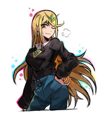  absurdres black_sweater blonde_hair blue_pants casual closed_mouth earrings female hand_on_own_hip highres jewelry long_hair long_sleeves looking_at_viewer mythra_(xenoblade) one_eye_closed pants polo_shirt saiykik shirt simple_background smile solo sweater tiara very_long_hair white_background white_shirt xenoblade_chronicles_(series) xenoblade_chronicles_2 yellow_eyes 