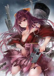  breasts cleavage female hair_between_eyes hair_ribbon hakama hakama_skirt japanese_clothes kamikaze_(kancolle) kantai_collection kimono long_hair machinery medium_breasts meiji_schoolgirl_uniform photoshop_(medium) pink_hakama purple_eyes purple_hair red_kimono ribbon skirt smokestack solo toka_(marchlizard) torn_clothes torn_hakama torn_kimono turret wide_sleeves yellow_ribbon 