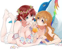  2girls barefoot bikini breasts brown_hair cocktail commentary dolphin drink emma_verde feet flower flower_bikini food freckles fruit goat green_eyes hair_flower hair_ornament hairclip highres holding_hands inflatable_toy interlocked_fingers konoe_kanata large_breasts legs long_hair looking_at_another love_live! love_live!_nijigasaki_high_school_idol_club lying monowe multiple_girls on_stomach orange_(fruit) purple_eyes rainbow smile soles swimsuit symbol-only_commentary the_pose toes white_background yuri 