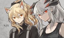  2girls absurdres animal_ear_fluff animal_ears arknights black_bow black_choker black_shirt black_tank_top blemishine_(arknights) blonde_hair bow choker closed_mouth commentary dated dragon_horns english_commentary expressionless frown grey_background hairbow highres horns horse_ears iwis long_hair looking_at_viewer multiple_girls orange_eyes saria_(arknights) shirt tank_top twitter_username upper_body white_hair 