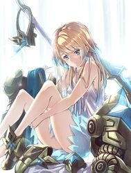  absurdres armor artist_name axe bare_shoulders barefoot battle_axe blonde_hair blue_eyes blue_hair blush clear_glass_(mildmild1311) closed_mouth commentary_request dress earrings female fire_emblem fire_emblem_heroes fjorm_(fire_emblem) full_body gradient_clothes gradient_hair highres jewelry knees_up light_smile long_hair looking_at_viewer multicolored_hair shoes short_dress signature simple_background sitting sleeveless solo thighs tiara two-tone_hair unworn_armor unworn_shoes weapon 