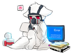  2018 4:3 anthro book can canid canine canis changed_(video_game) clothed clothing coat computer container daww dr._k_(changed) electronics error_message fchicken fur gas_mask lab_coat male mammal mask notebook red_eyes simple_background solo thought_bubble topwear white_background white_body white_fur 