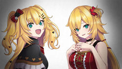  2girls :d absurdres akai_haato akai_haato_(gothic_lolita) aqua_eyes arms_up bare_arms black_capelet black_choker blonde_hair bow bowtie breasts capelet choker crazy_eyes crazy_smile dress dual_persona english_commentary from_side g9_(jiiku) gradient_background grey_background hair_between_eyes hair_ornament hairbow hairclip hands_on_own_chest head_tilt heart heart_hair_ornament highres hololive long_hair looking_at_viewer medium_breasts multiple_girls nail_polish open_mouth own_hands_together parted_lips red_bow red_bowtie red_dress red_nails sleeveless sleeveless_dress smile two_side_up upper_body very_long_hair virtual_youtuber x_hair_ornament 